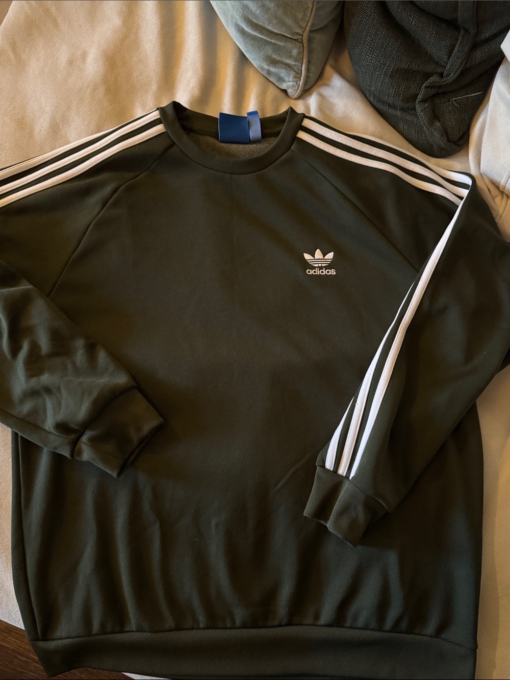 Adidas Olive Green Trefoil Crewneck Sweatshirt with White Stripes